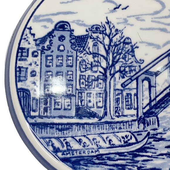 *SOLD* Delft Blauw Blue Trinket Dish Box Jar w Lid Hand Painted Holland Houses - Picture 5 of 12